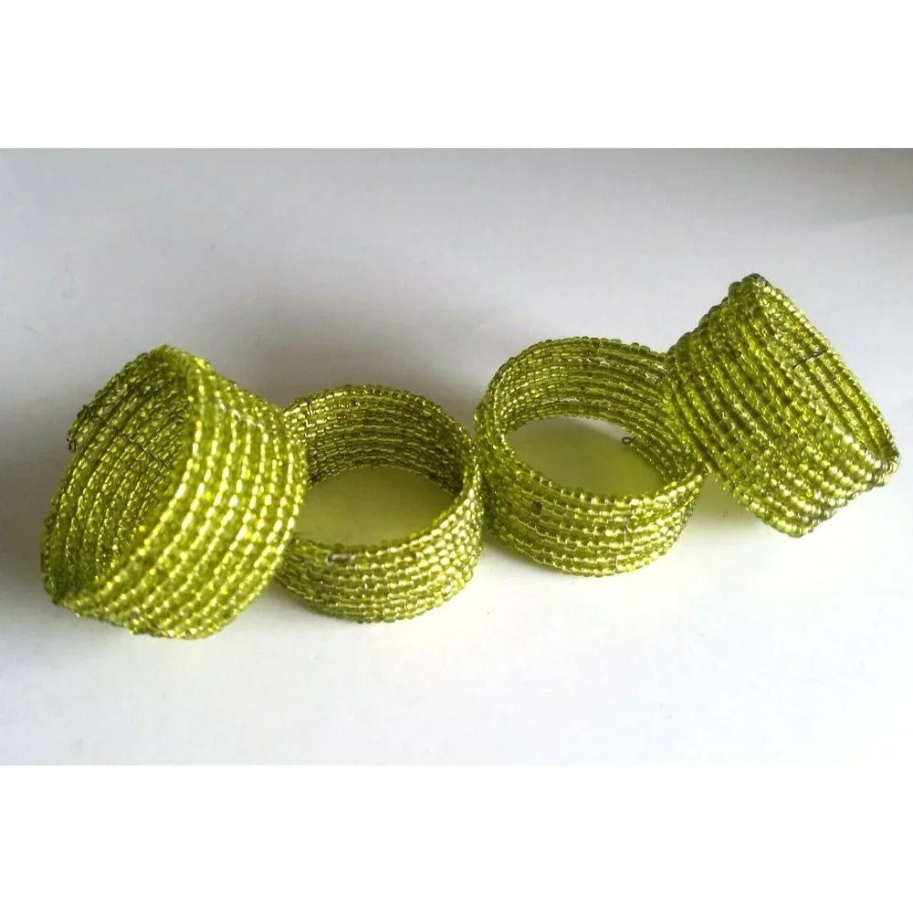 Vintage French Handmade Micro Beaded Napkin Rings set of 4  Lime Green Coiled